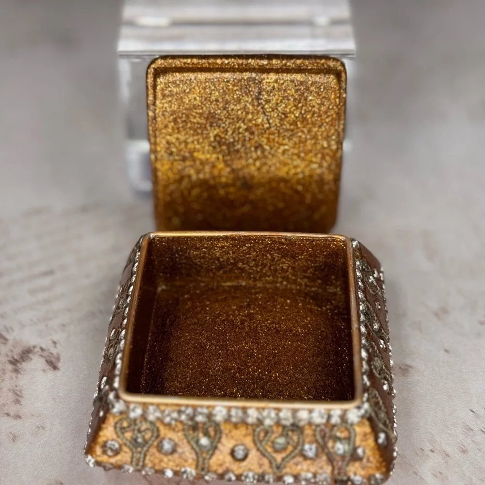 Vintage Gold Jeweled Trinket Box Rhinestone Enamel Square Ormolu Casket